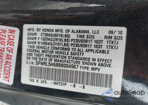 2011 Honda Odyssey Ex-L из США, поврежденный, VIN 5FNRL5H68BB004967